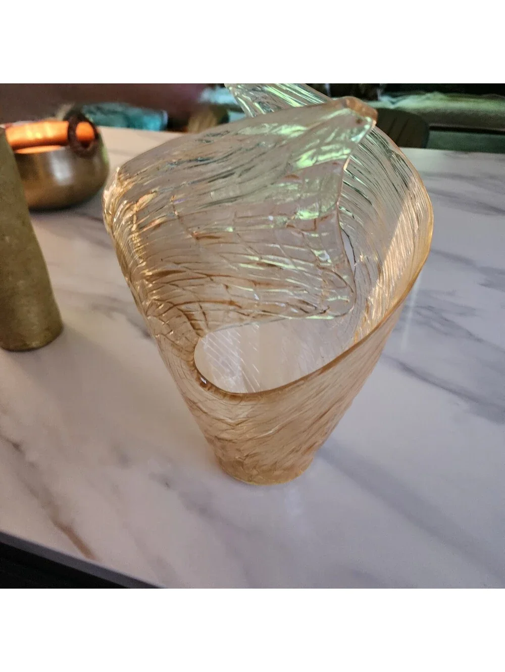 Murano Style Hand Blown Gold Art Glass Wave Vase Amber Freeform Italian 16